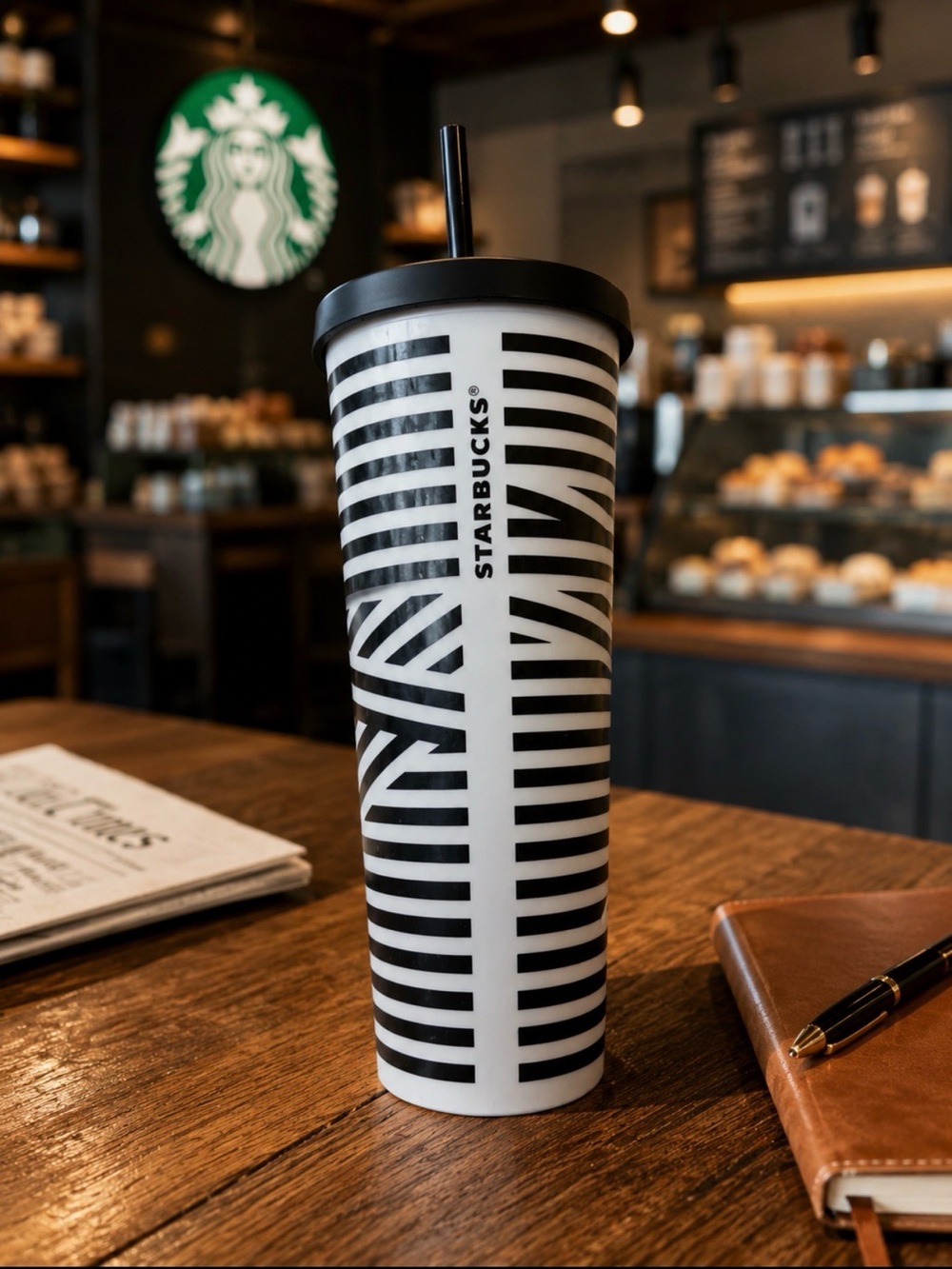 STARBUCKS BLACK & WHITE ZEBRA STRIPE 24OZ TUMBLER W/ BLACK GLITTER STRAW